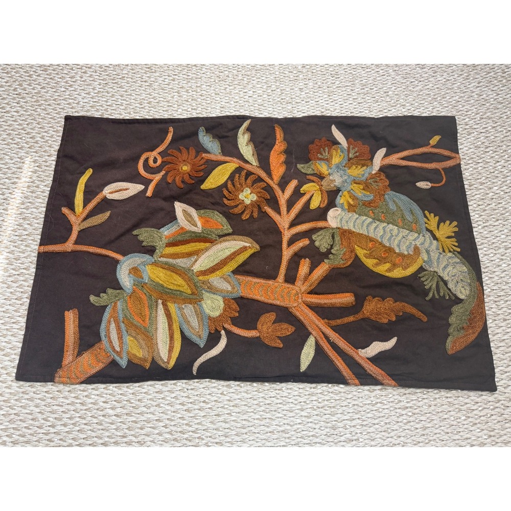 Pottery Barn Crewel Embroidered pillow  Cover 16x26 Brown Floral brown sham